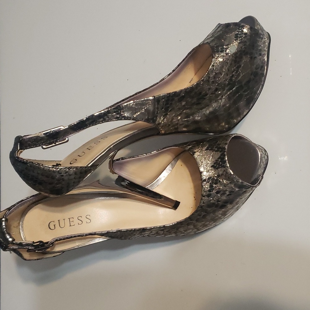 Guess Silver Reptile Print Peeptoe Heels